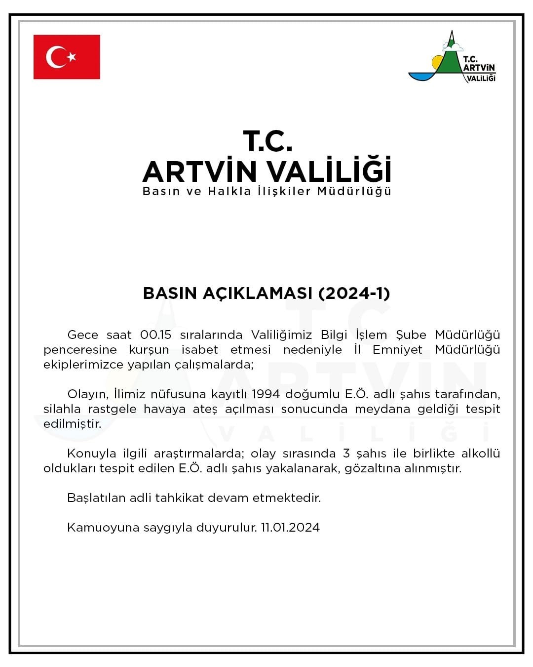 Artvin’de Valilik binasına isabet eden mermiyle bağlantılı olarak bir kişi gözaltına alındı.