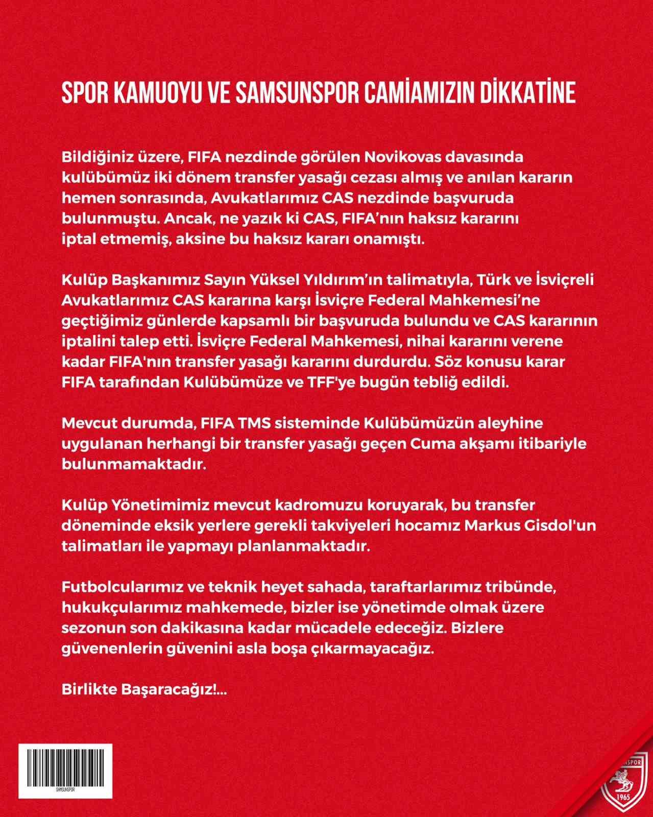 Samsunspor, transfer yasağının sona erdiğini duyurdu