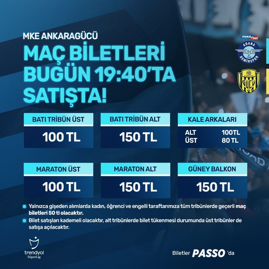 Adana Demirspor – MKE Ankaragücü maçının biletlerinin satışı başlıyor!