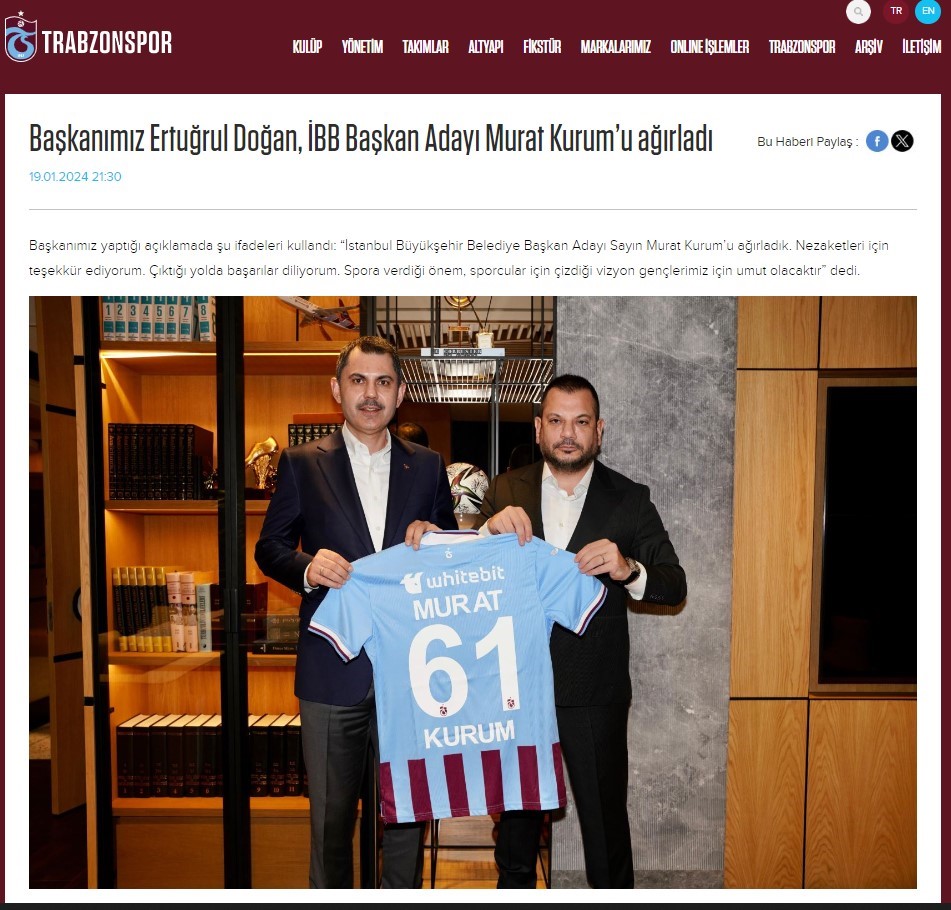 İnşaat ve Emlak Bakanı Murat Kurum, Trabzonspor Başkanı Ertuğrul Doğan’ı makamında ağırladı